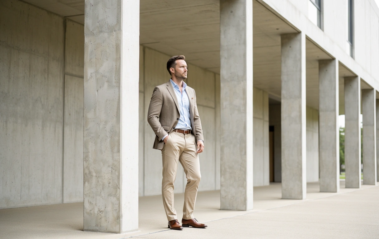 Homme conscient dans un environnement brutaliste
